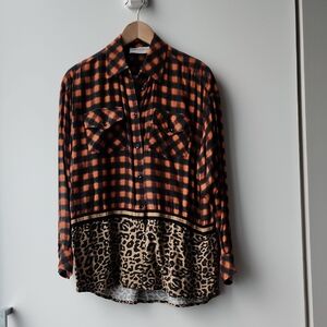 Ermanno Made in Italy Soft Check and Leopard Print Oversize Blouse
